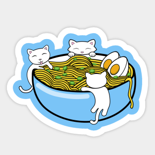 Happy little kittens climbing on a bowl of ramen noodles Sticker